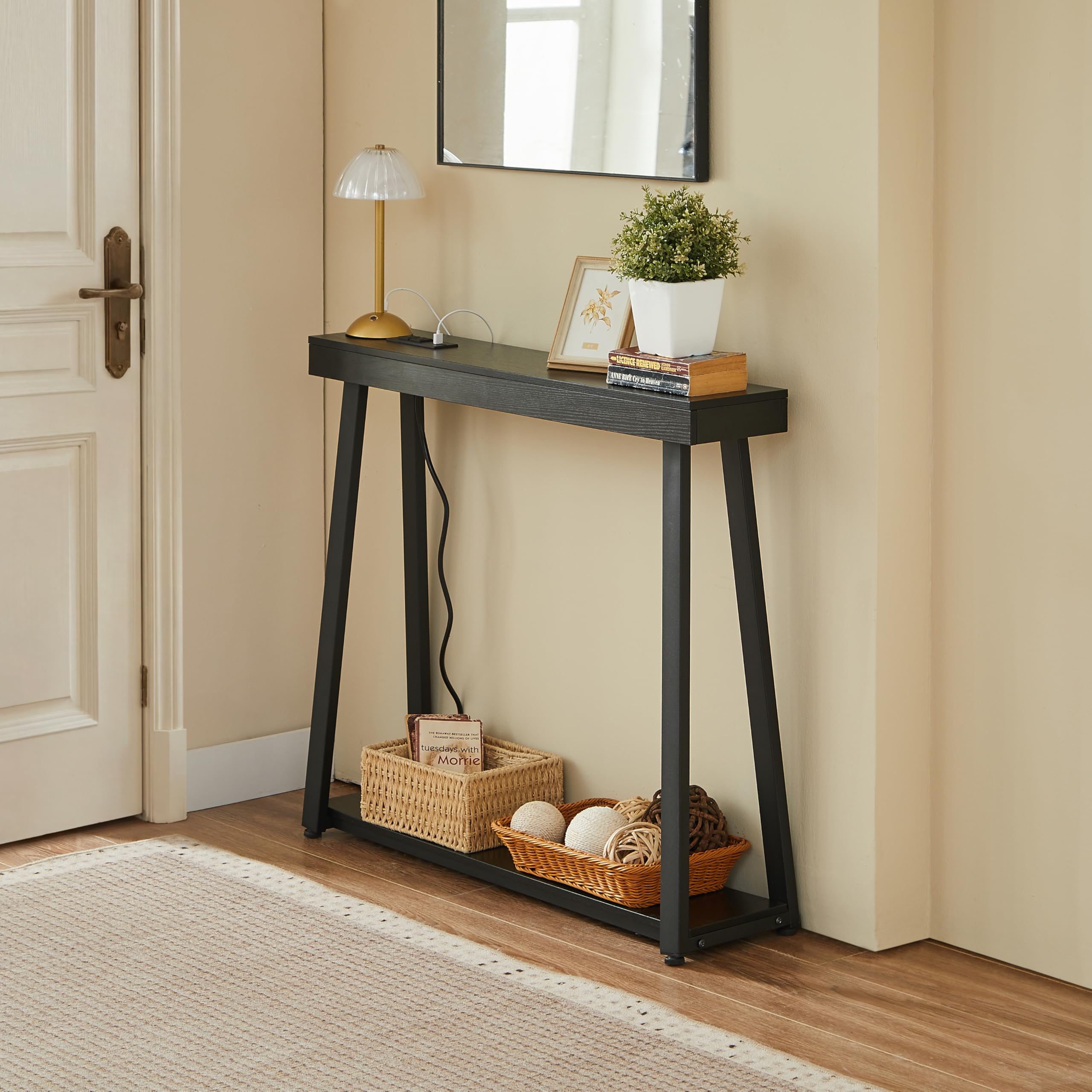 BOYUANH Narrow Small Entryway Console Table with Charging Station, Outlets&Ports, 36 Inch Thin High Tall Sofa Table for Entry Hallway, Living Room, Foyer, Behind Couch, Thick Metal Frame, Black
