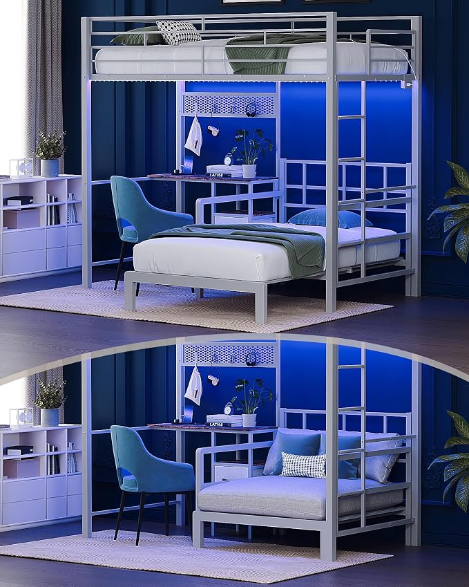 Twin Bunk Bed with Desk & LED Lights