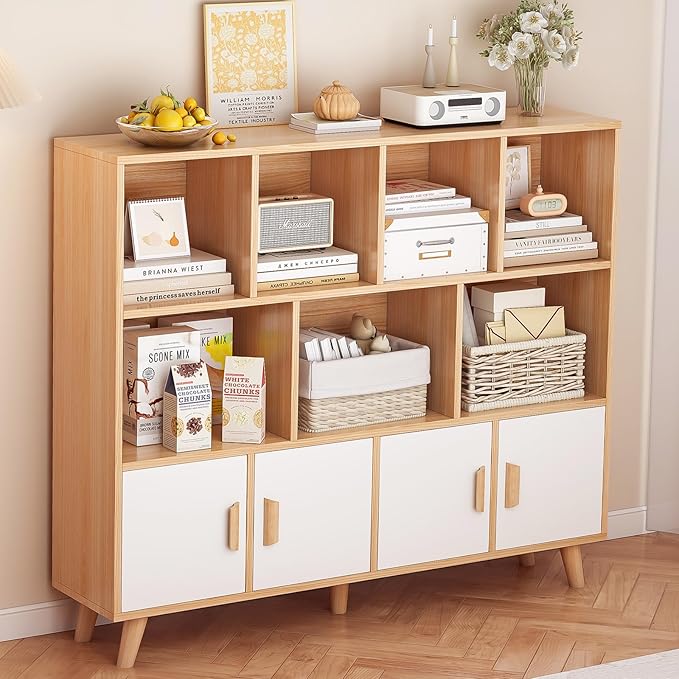 11-Cube Bookcase with Doors & Solid Wood Legs