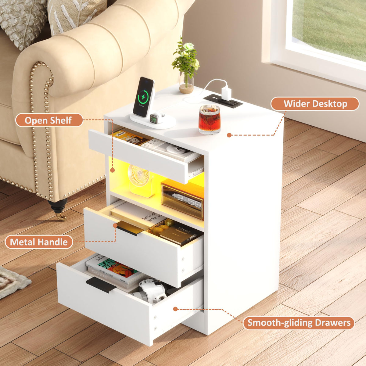 LED Nightstand with Charging Station