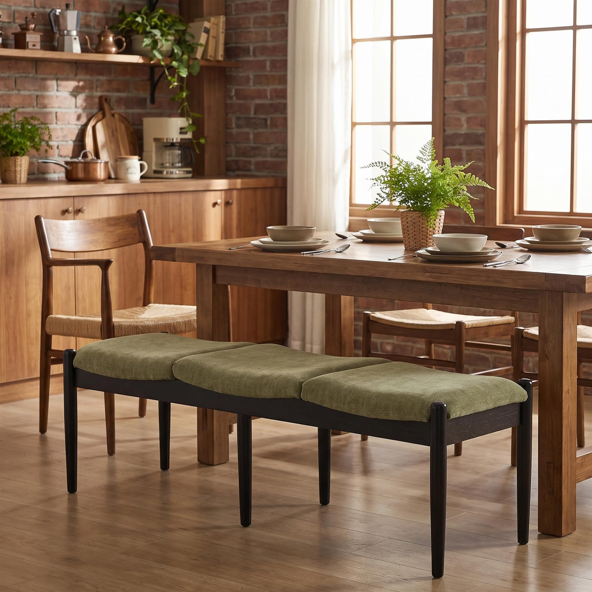 Green Chenille Upholstered Bench
