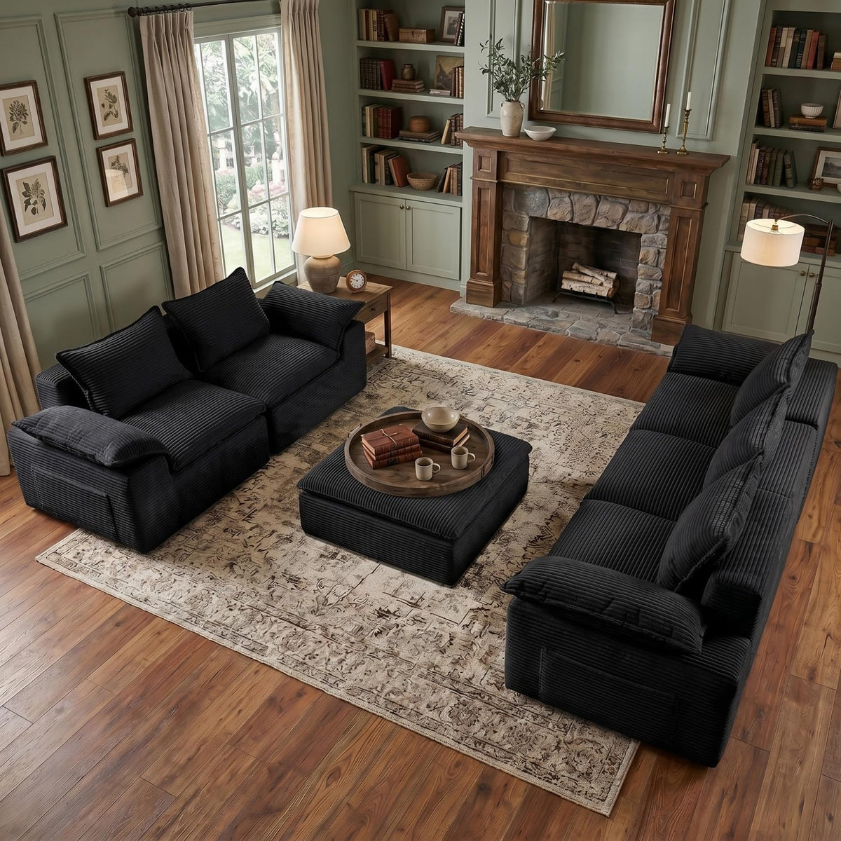 Black Corduroy Sectional Sofa Set
