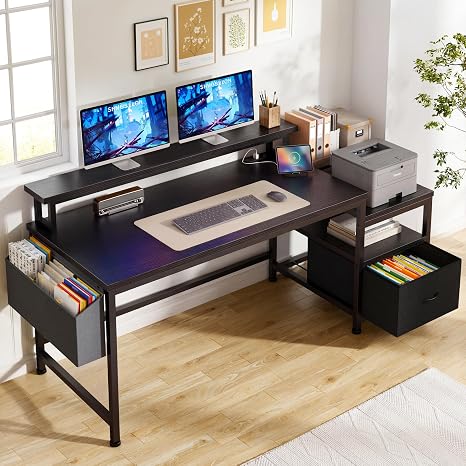 Office Desk with Monitor Stand, Filing Cabinet & Charging Station