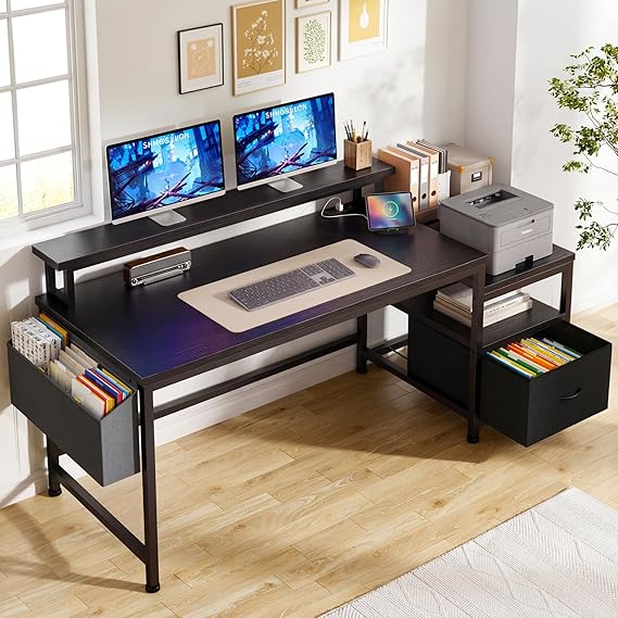 56.5" Office Desk with Monitor Stand, Filing Cabinet & Power Outlets