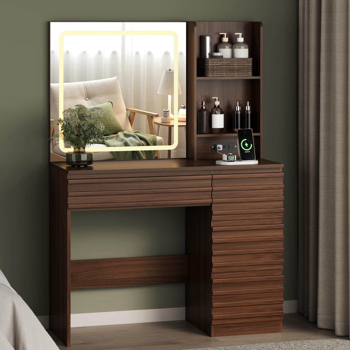 jmhdyg Makeup Vanity Desk with Lights, Fluted Vanity with 4 Drawers, Open Shelves, Power Outlet, LED Lighted Mirror, 3 Lighting Modes & Brightness Adjustable, Wood Dressing Table for Bedroom,Walnut