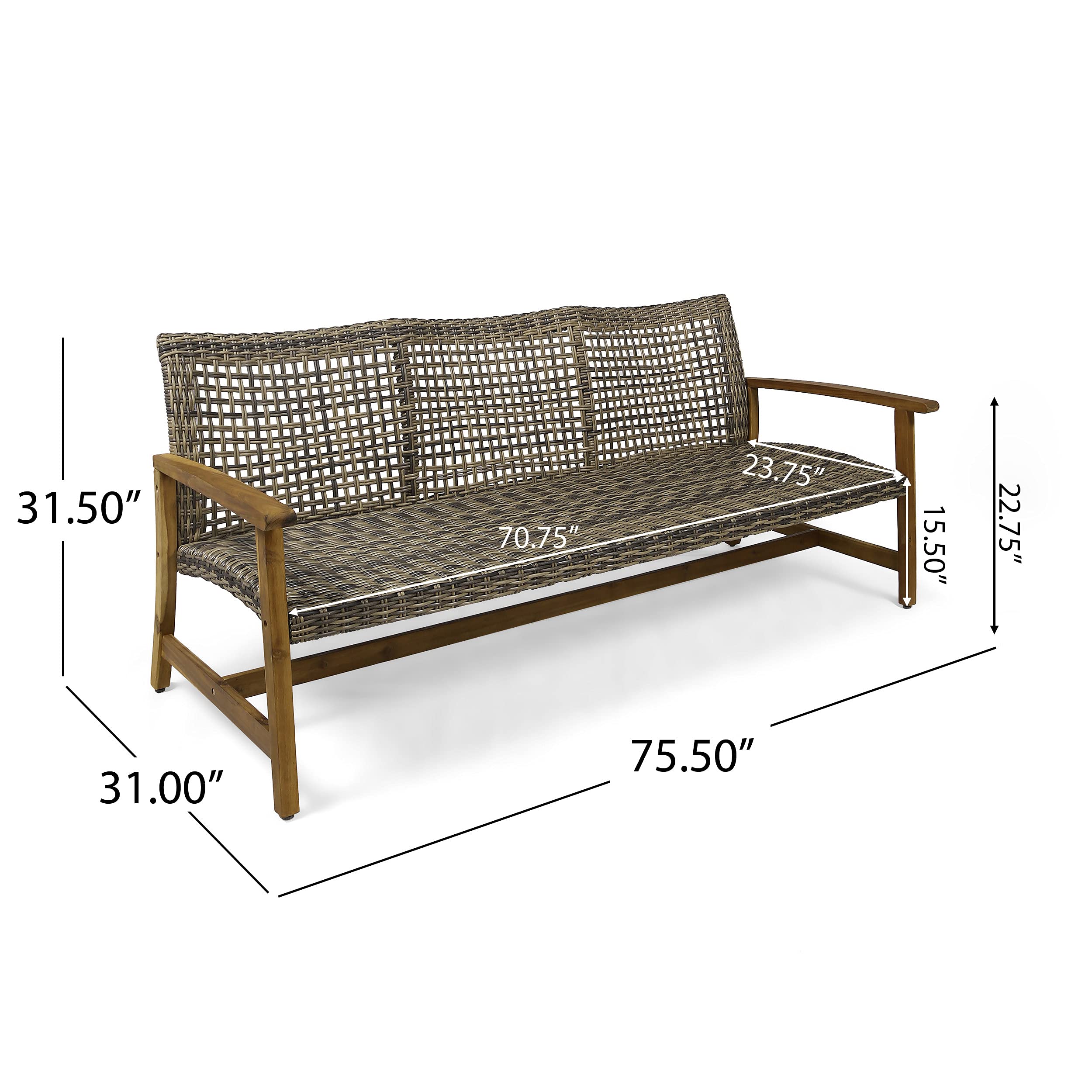 Outdoor Wicker Sofa with Acacia Wood Frame, 3-Seat