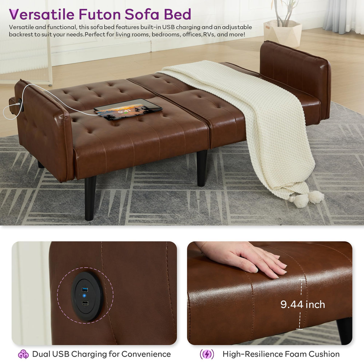 Convertible Futon Sofa Bed with USB