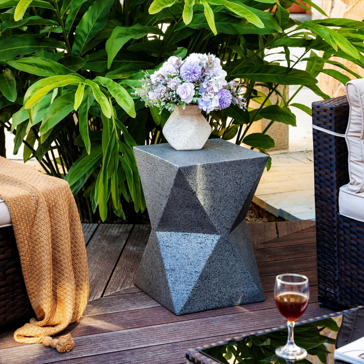 LumeVale 19'' Outdoor Side Table – Lightweight Stone Patio Coffee Stand, Concrete End Table for Backyard, Balcony (Rhombus)