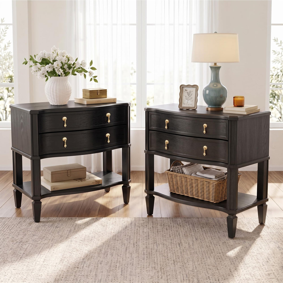 27.5" Wide Extra Large with Nightstand Set of 2 Charging Station & Open Shelf, Pre-Assembled,Vintage Bedside Table w/2 Drawers, Curved Design, Farmhouse End Side Table with Solid Wood Legs for Bedroom