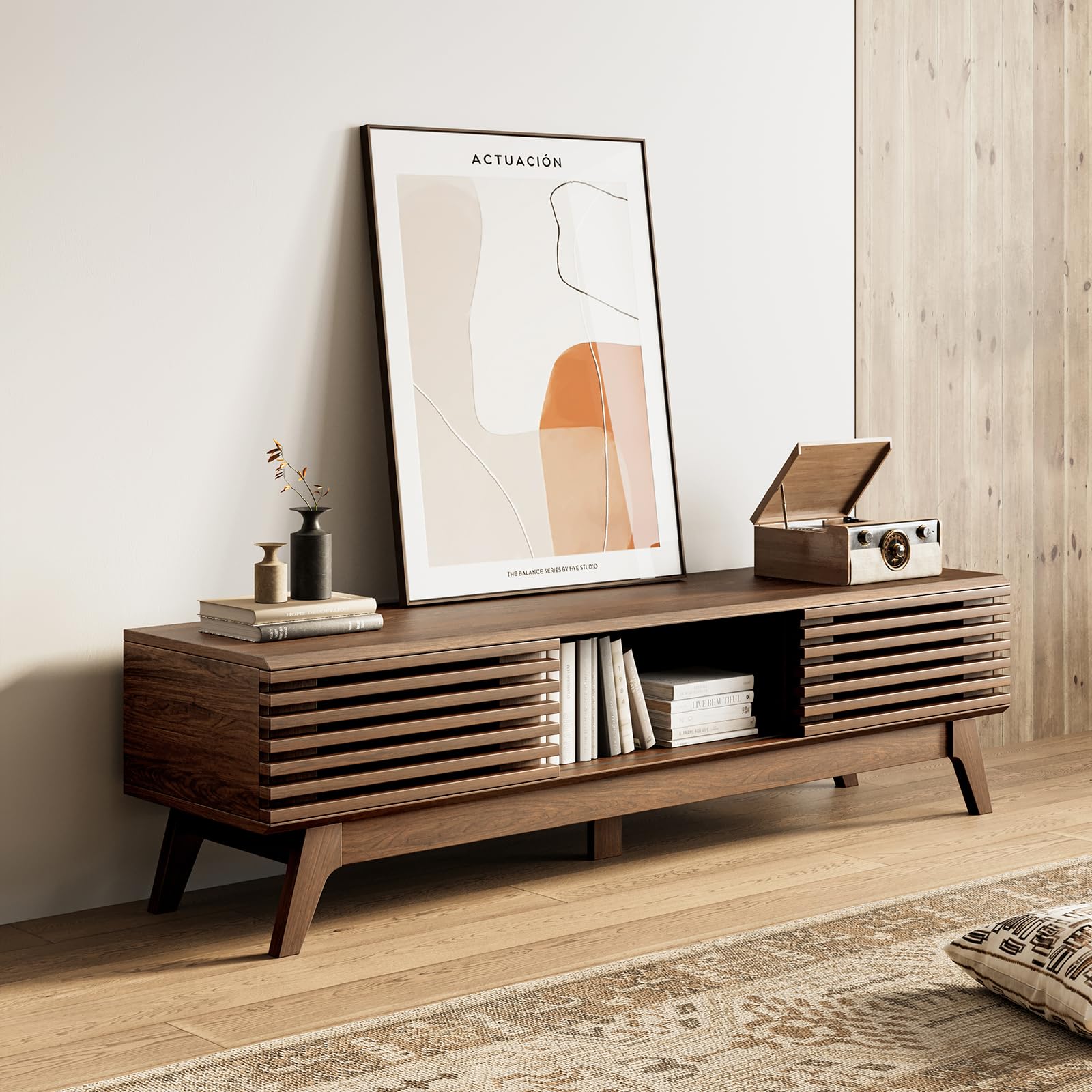 Mid-Century Fluted TV Stand with Sliding Doors & Storage