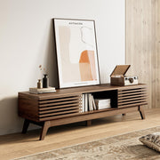 Mid-Century Fluted TV Stand with Sliding Doors & Storage