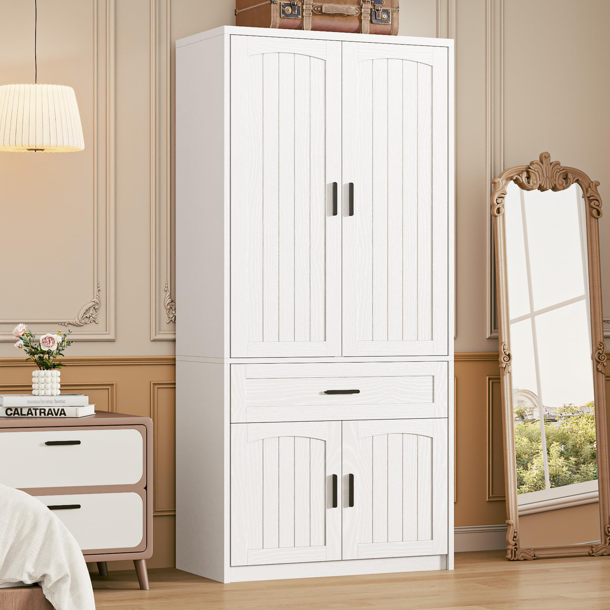 LIKIMIO 77" Tall Freestanding Armoire Wardrobe Closet with 4 Doors, Drawer, Hanging Rod & Adjustable Shelves, Bedroom Clothes Storage Cabinet, White