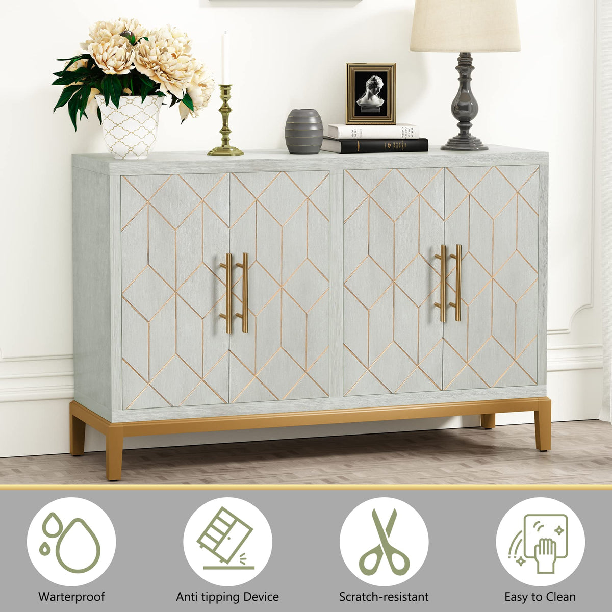 Green 4-Door Sideboard with Gold Trim