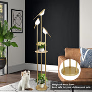 Gold Floor Lamps for Living Room, Modern Floor Lamp with Shelves, Mid Century Standing Lamp with 3 Adjustable LED Bird Lights, Corner Tall Lamp with Table, Brass Stand up Lamp for Bedroom Kids Room