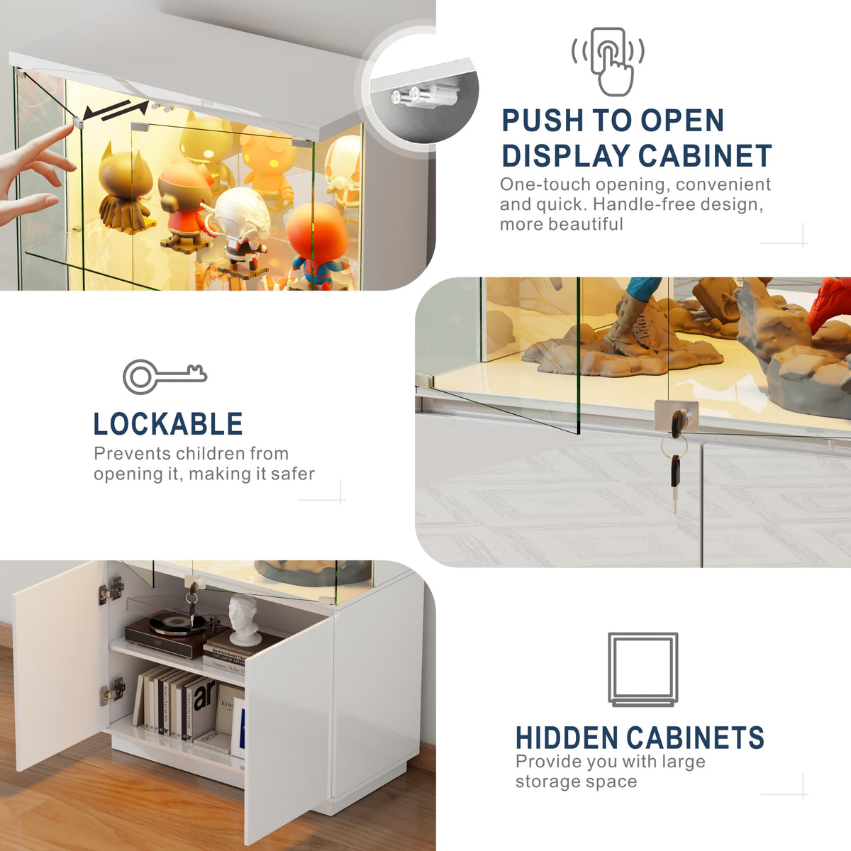 Gurexl 71" Lockable LED Glass Display Cabinet with Human Sensor, White