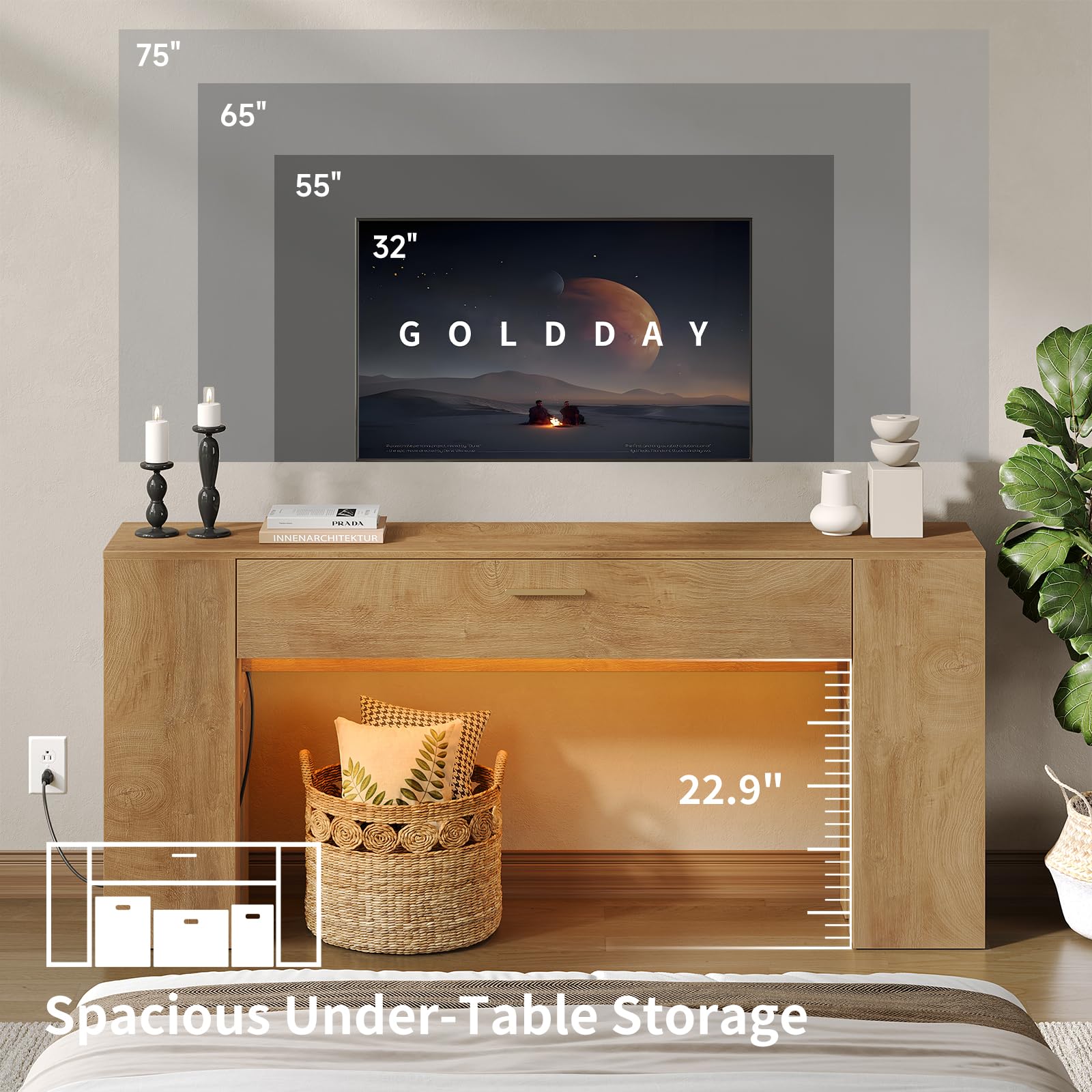 GOLDDAY 63 inch Console Tables with Charging Station and LED Light, Farmhouse Wooden Sofa Table with Drawer, Entryway Table with Wooden Bases, Behind The Couch Table for Hallway, Living Room, Brown