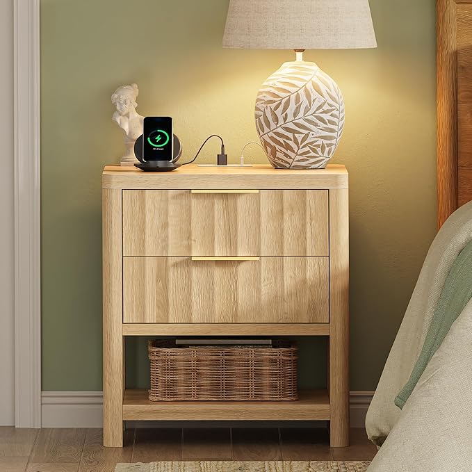 Tall Nightstand with Charging Station & 2 Drawers