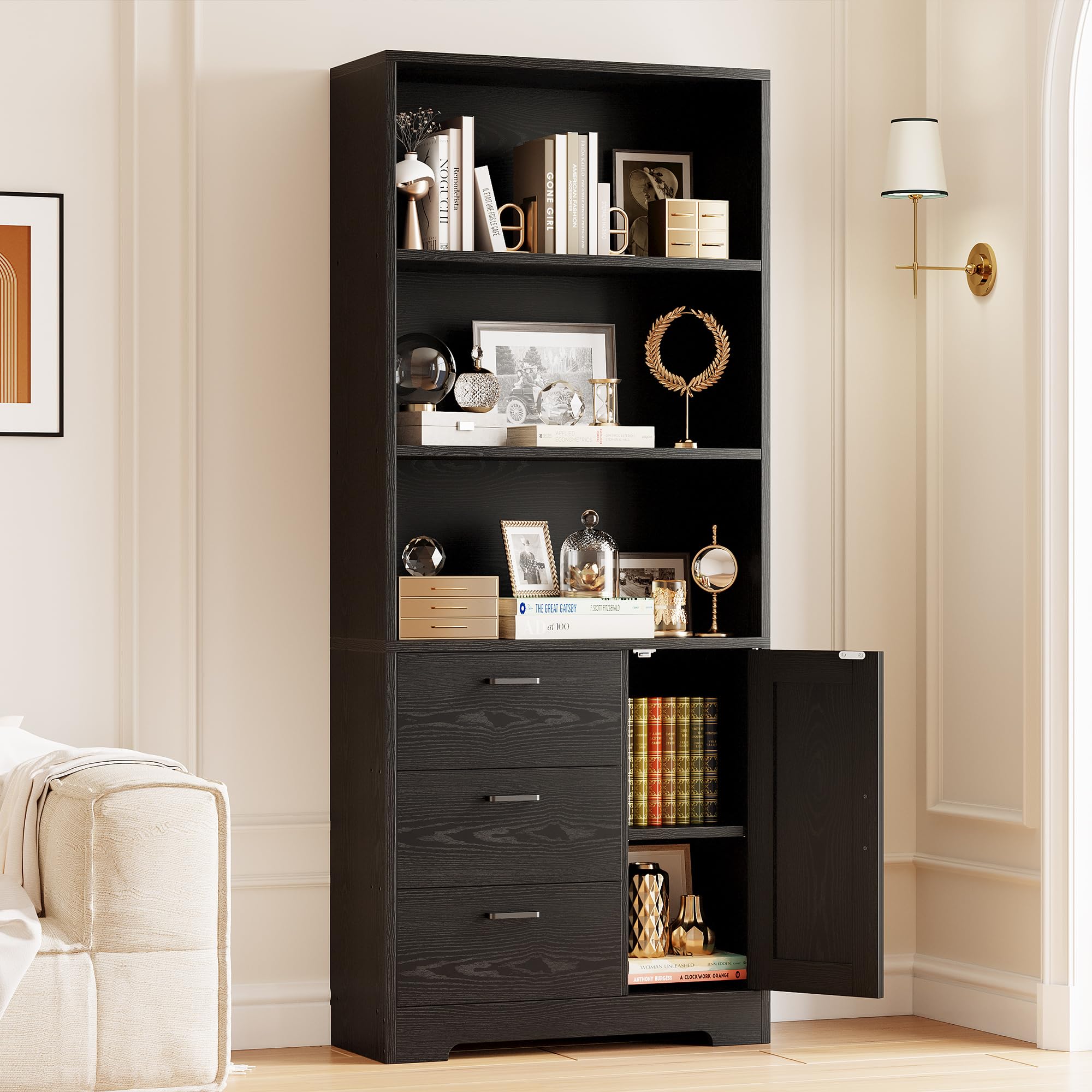 71" Bookshelf with Drawers, Doors & 3-Tier Shelves