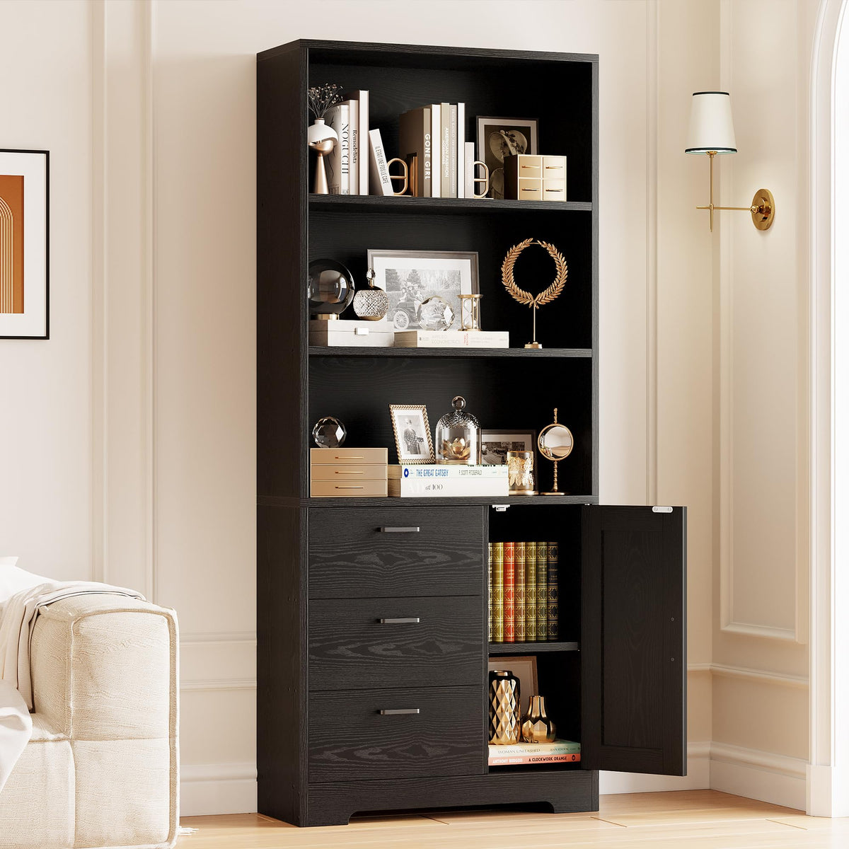 IRONCK Book Shelf 71in, Bookshelf with Doors and Drawers, Black