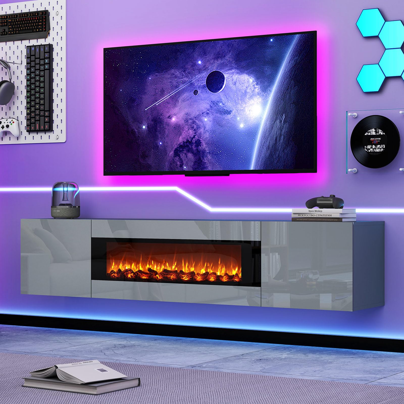 BREEZEHEAT 70'' Floating TV Stand with Fireplace, Modern Wall Mounted Entertainment Center for TVs Up to 80", High Gloss Media Console for Living Room, Decorative Faux Fireplace, Remote Control, Grey