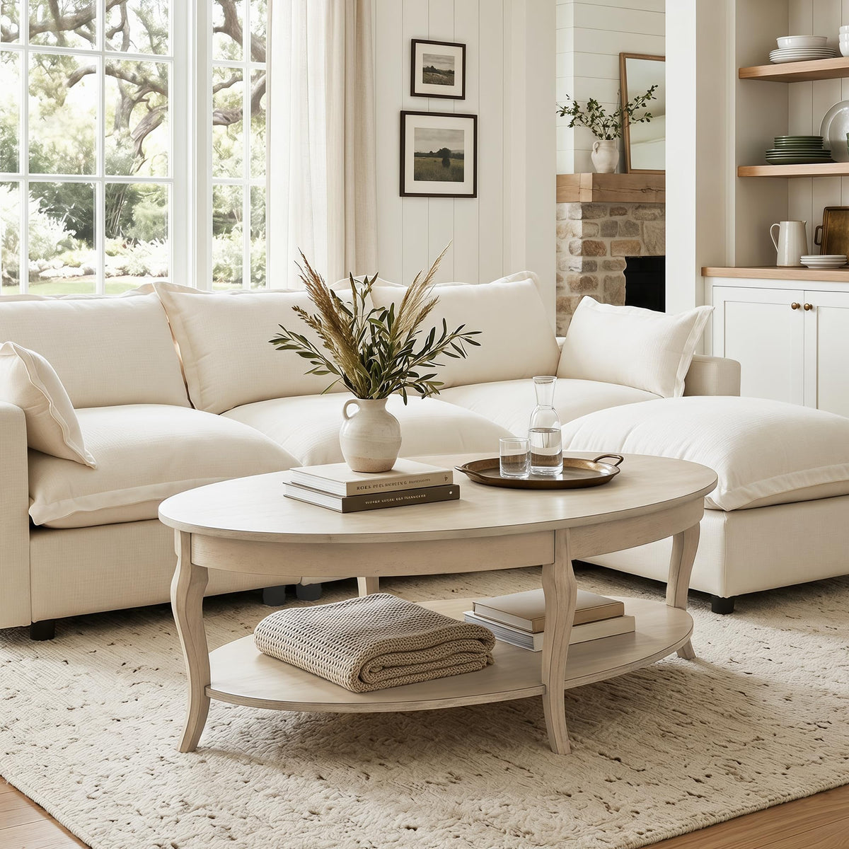 chairus Oval Solid Wood Coffee Table with Storage Farmhouse Living Room Table Country Rustic Center Table for Living Room Reception Room Waiting Room, Faded White Color