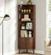 Limaoaio 66'' Tall Corner Bookshelf with 2 Fluted Sliding Doors,Walnut