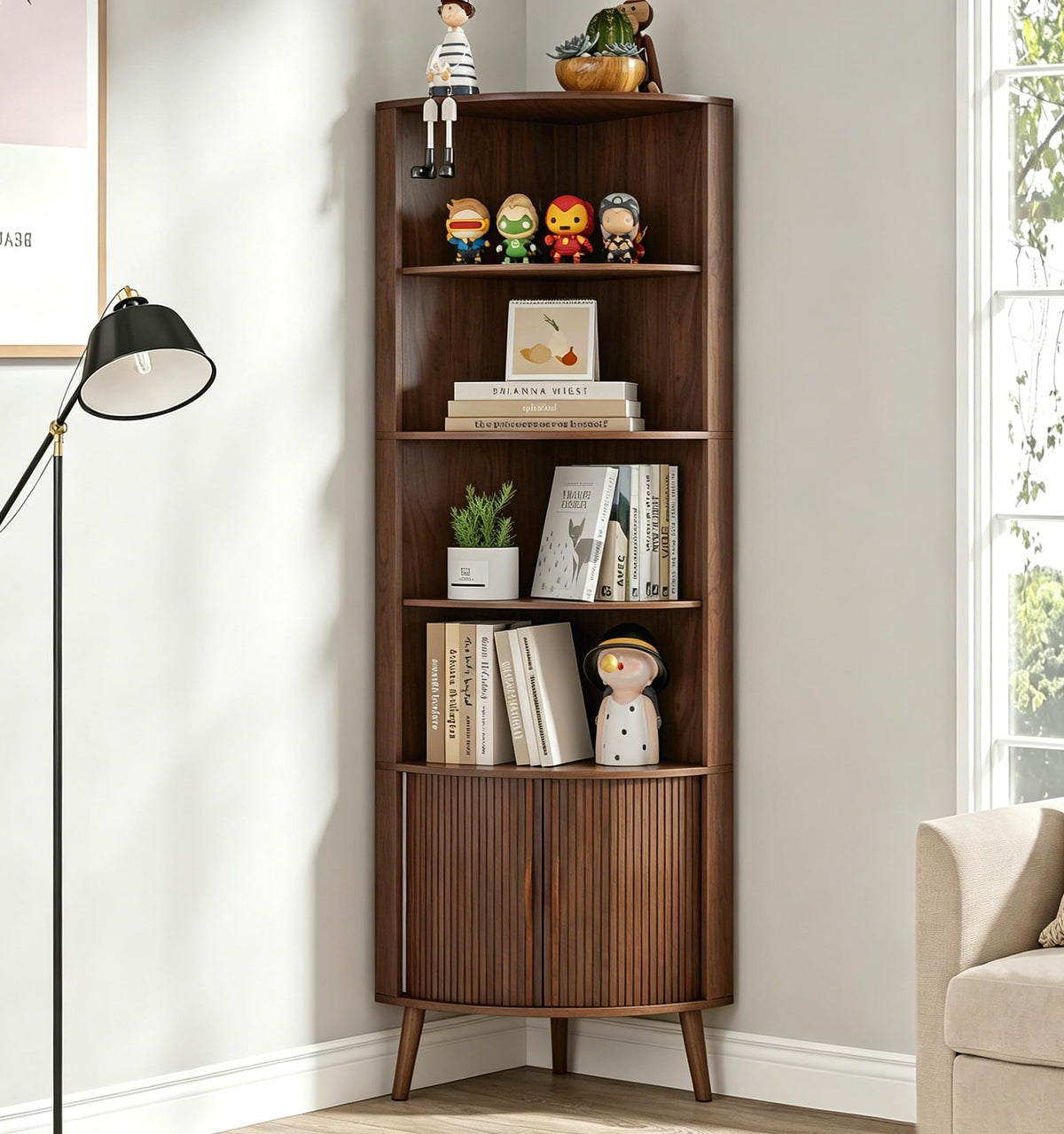 Limaoaio 66'' Tall Corner Bookshelf with 2 Fluted Sliding Doors,Walnut