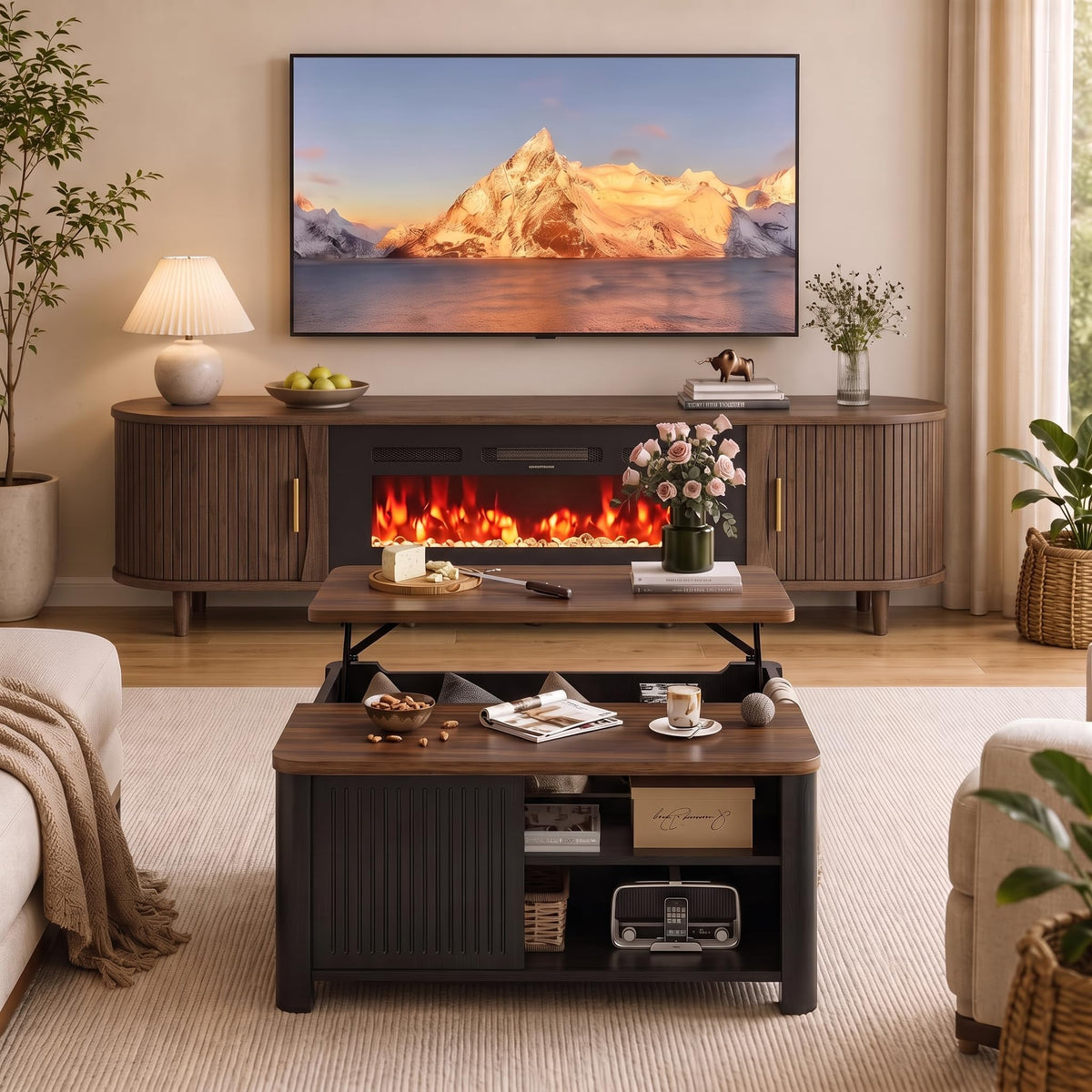Decofy Living Room Table Set of 2, Mid Century Lift Top Coffee Table and Fireplace TV Stand, Fluted Entertainment Center with Fireplace and Wood Coffee Table with Storage, Walnut