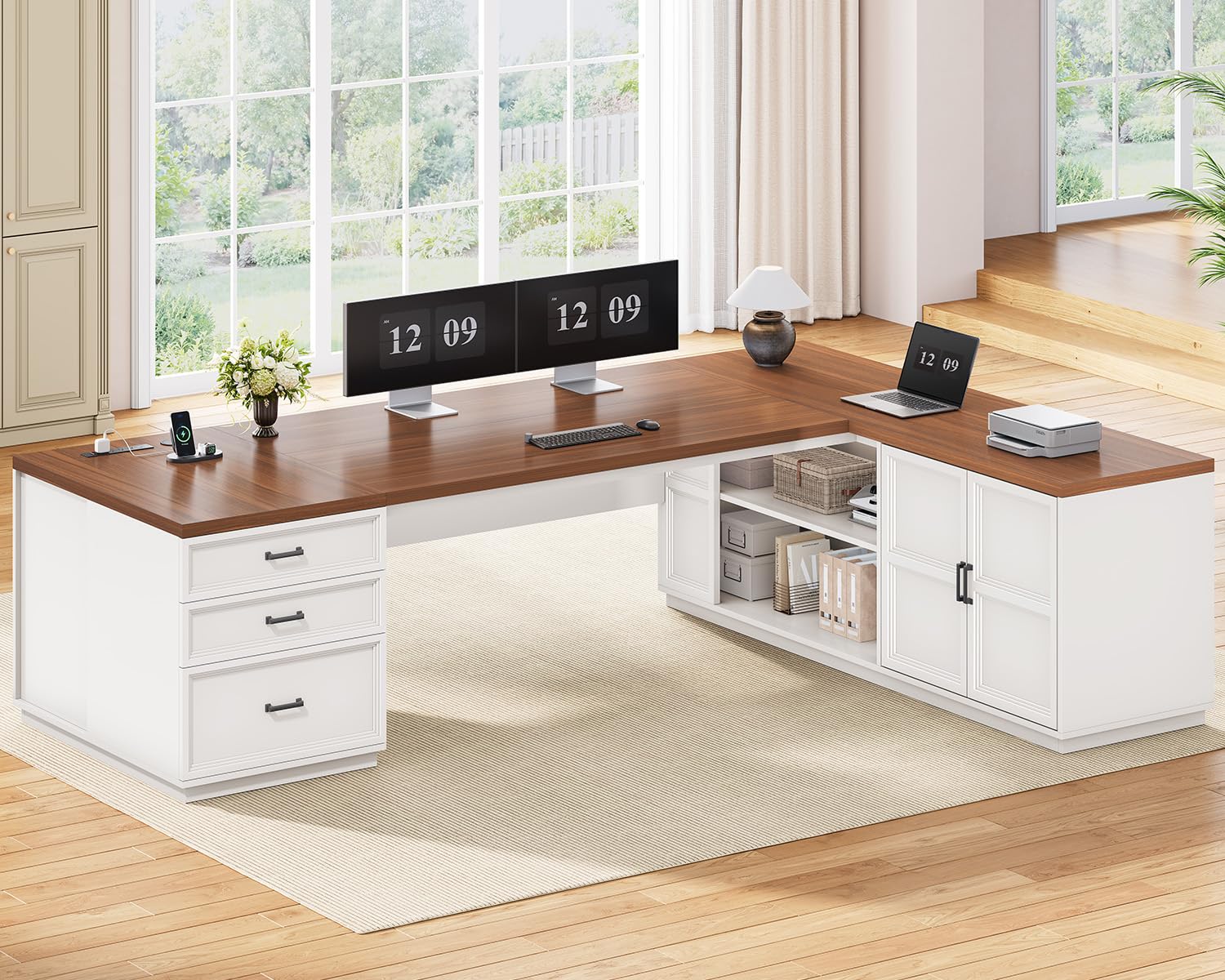 L-Shaped Executive Desk with Charging Station