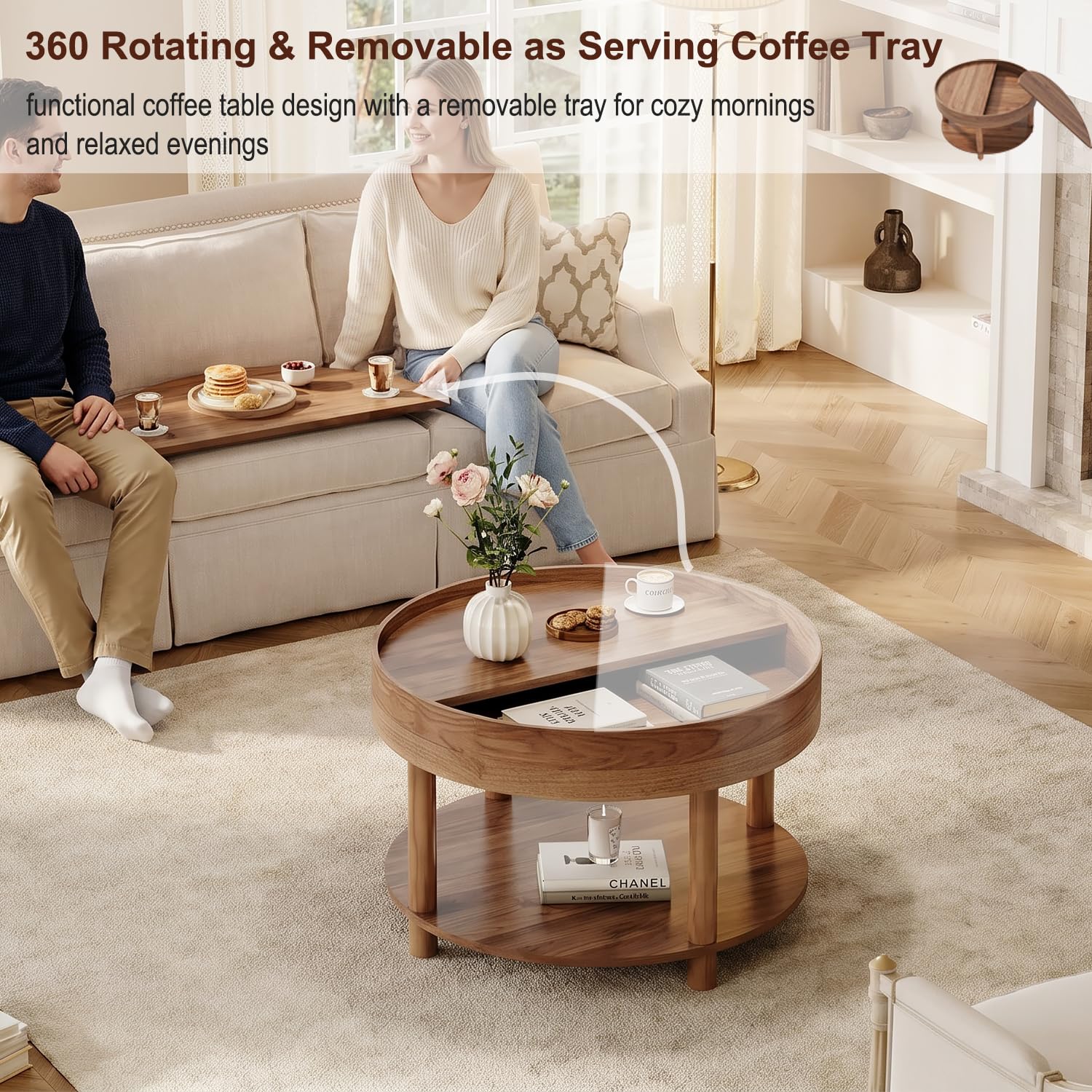 HSH Round Coffee Table, Modern Living Room Table with 2-Tier Storage, 360°Rotating Desktop, Removable Tray, Wood Circle Center Cocktail Table for Living Room, Bedroom, Office, Walnut, 30.63 Inch