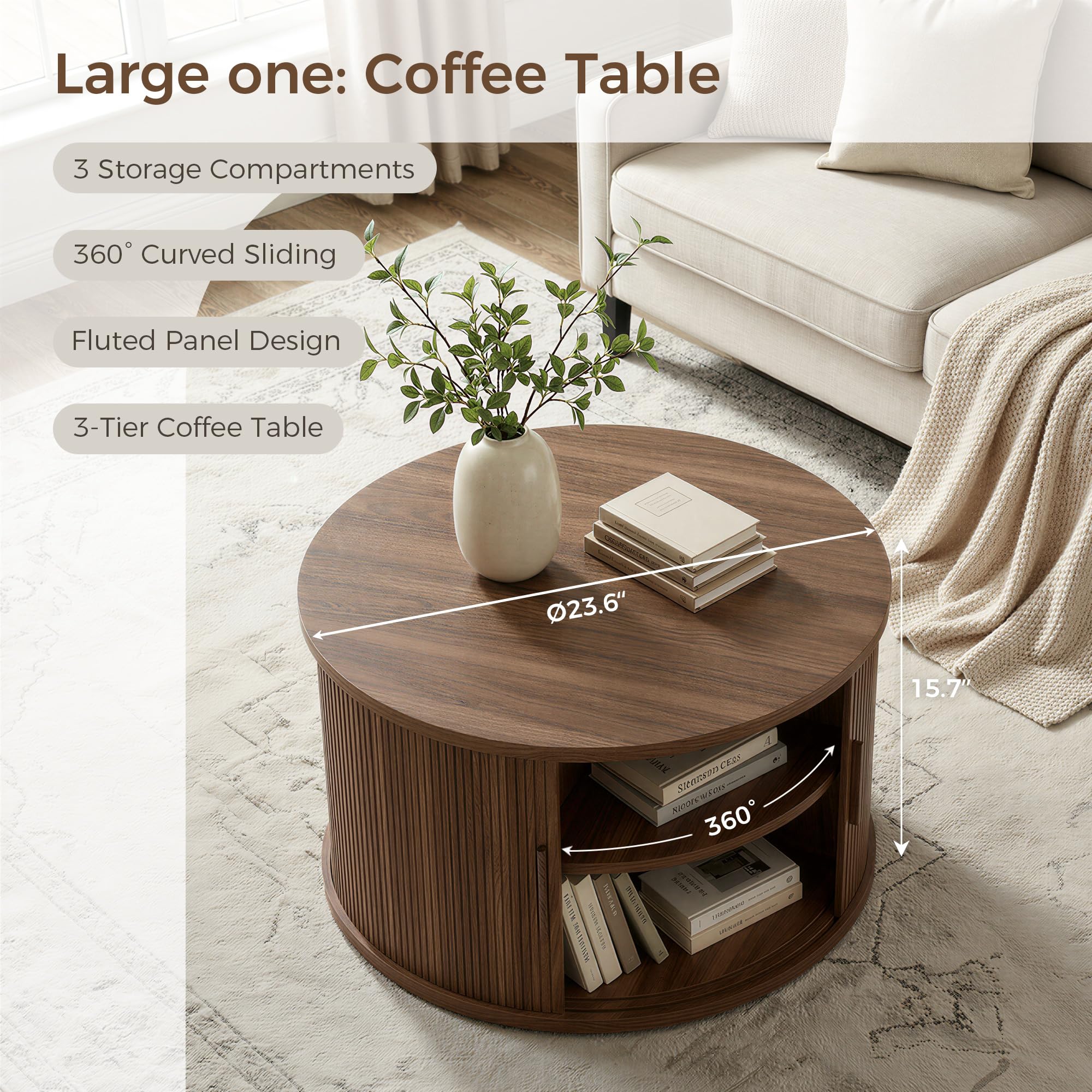 Round Coffee Table Set of 2 with Sliding Door & Hollow Storage