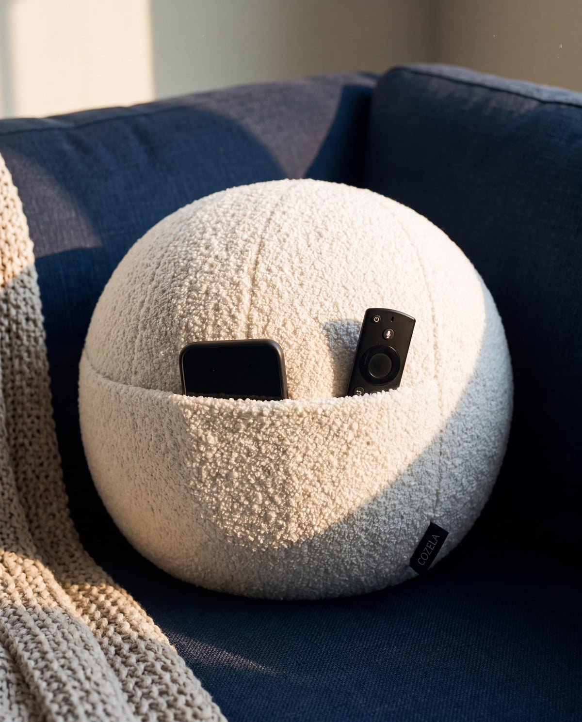 COZELA Orb Bouclé Sphere Pillow, 12 Inch Ergonomic Back & Arm Support, 600 GSM Textured Décor Throw Pillow with Hidden Pocket, White