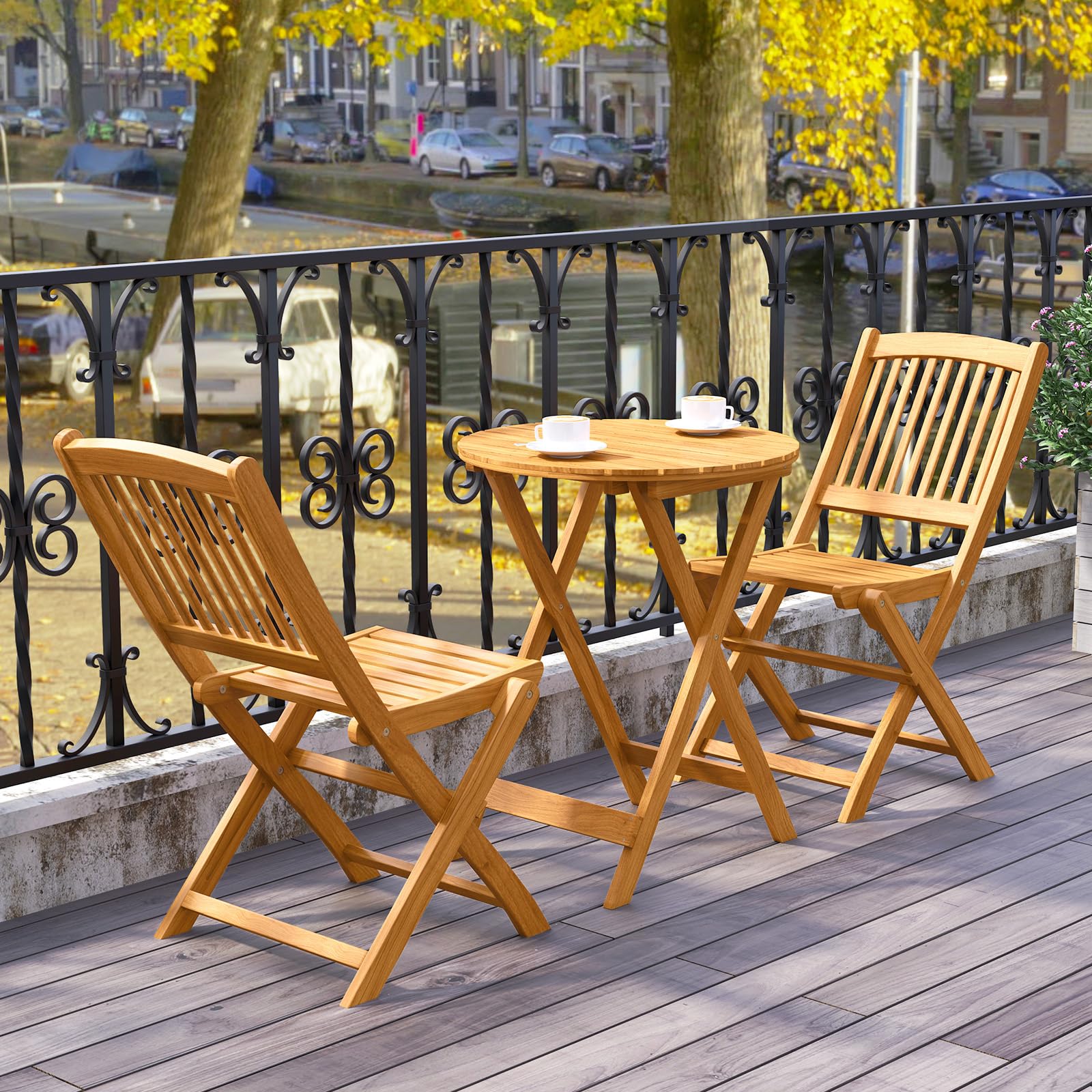 3-Piece Acacia Wood Folding Patio Bistro Set with Cushions
