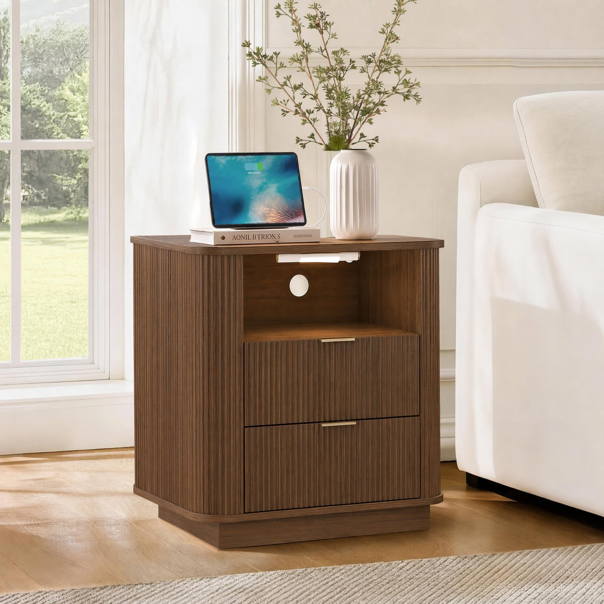 Walnut Fluted Charging Nightstands, Set of 2