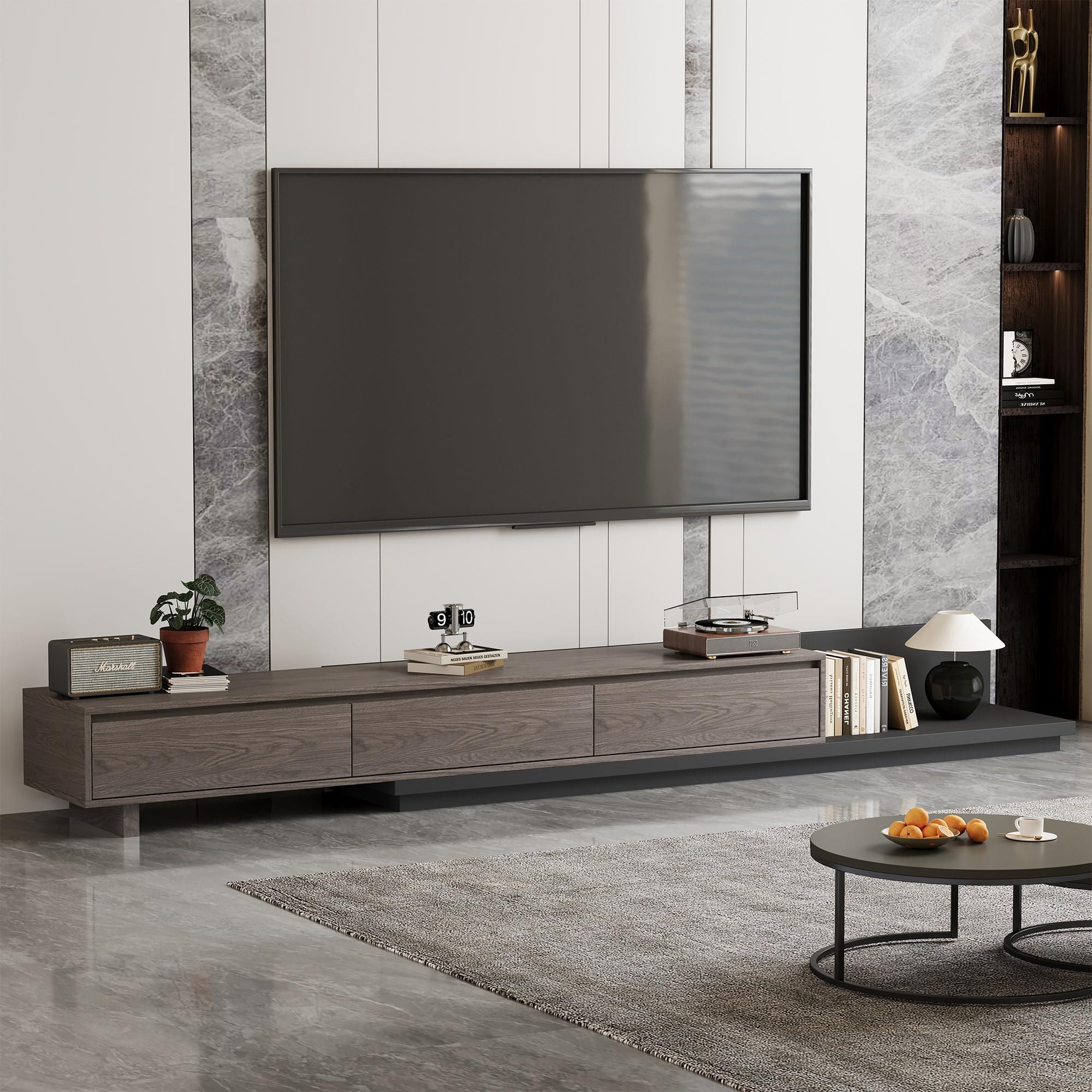 gaoyangjiaju Mid-Century Modern Extendable TV Stand with Ample Storage for Living Room – Adjustable TV Cabinet from 78.7" to 130", 3-Drawer Entertainment Center, Black Walnut