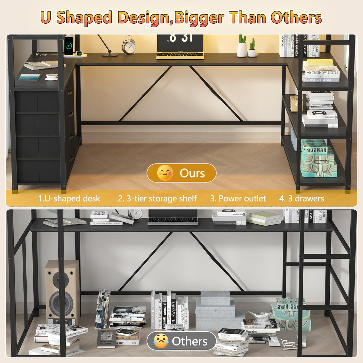 Black Loft Bed Twin Size with Storage Upholstered Headboard & U-Shaped Desk