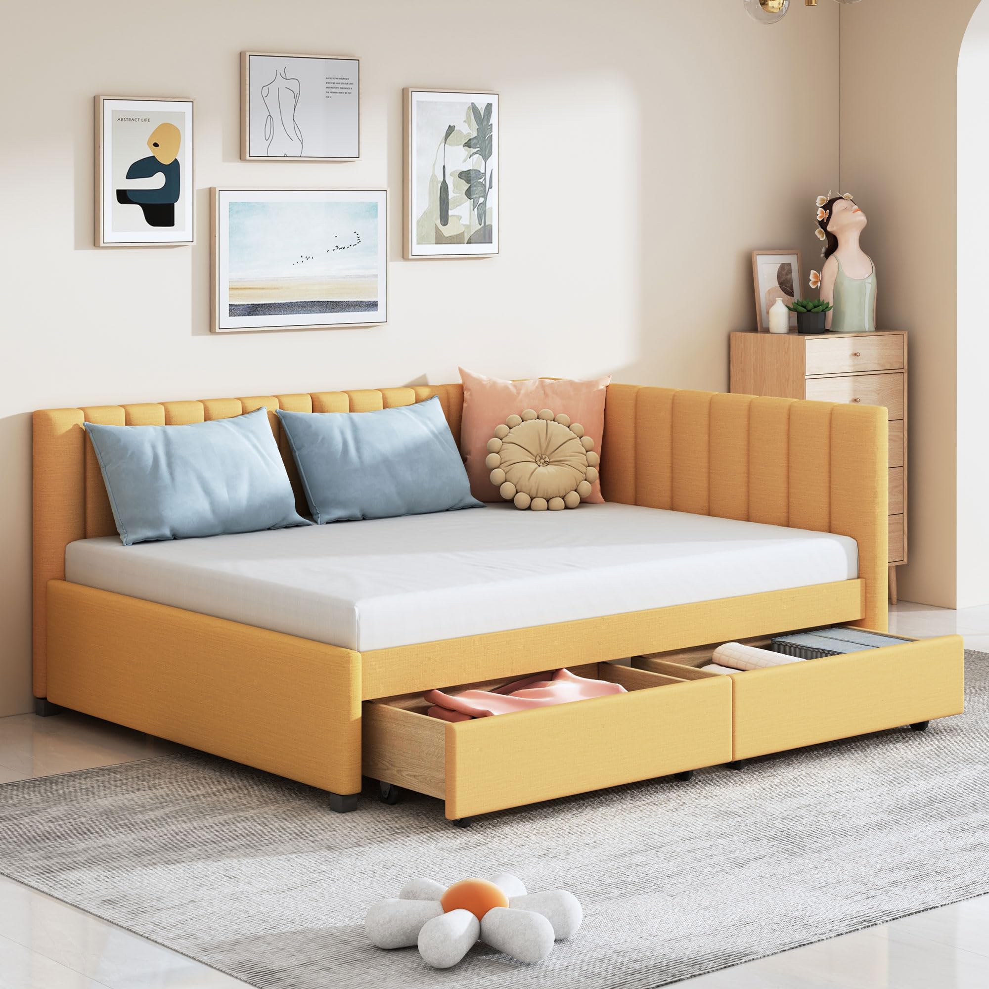 Merax Full Size Daybed with Drawers, Upholstered Full Daybed, Linen Fabric Sofa Bed, No Box Spring Needed, Yellow