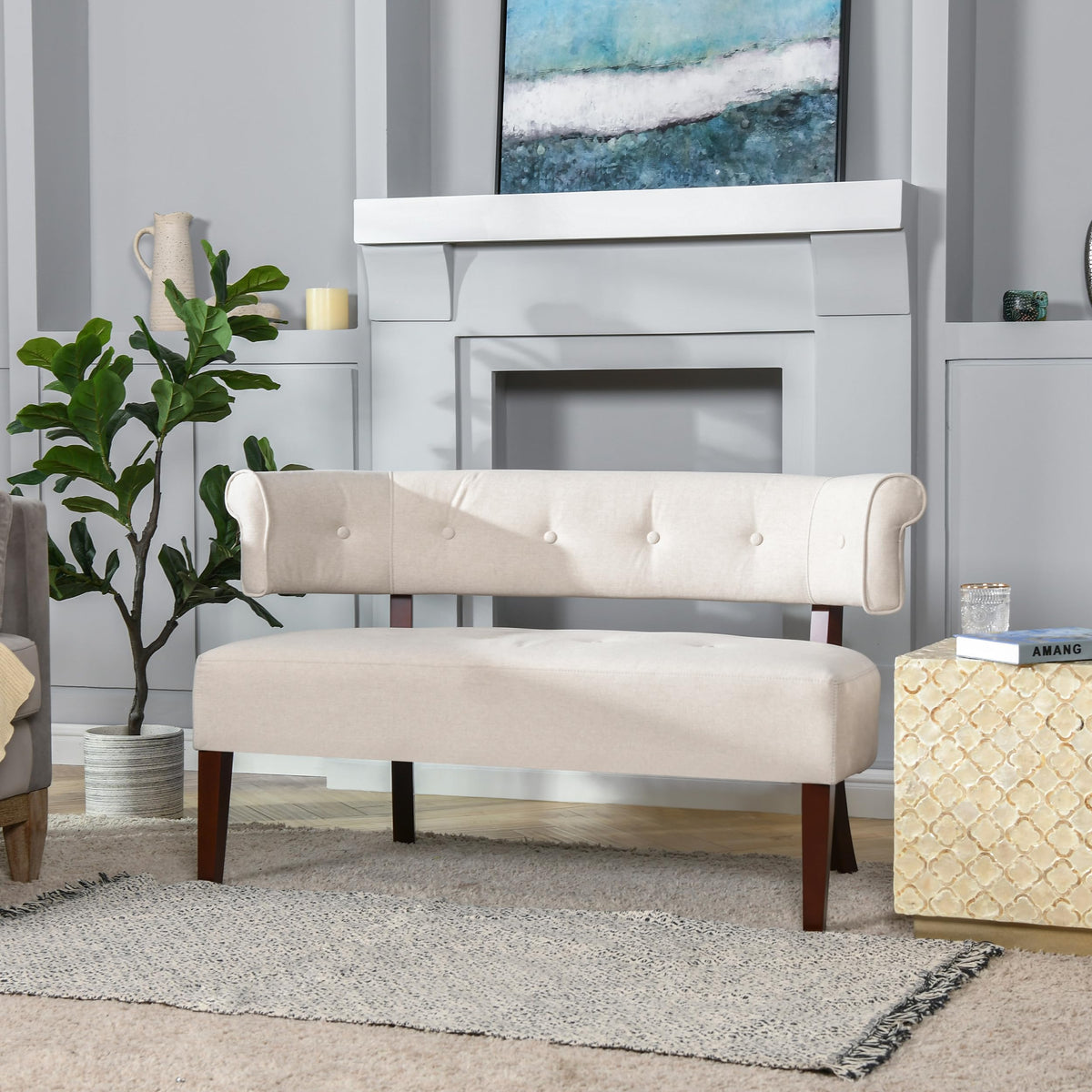 Beige Tufted Bench Settee