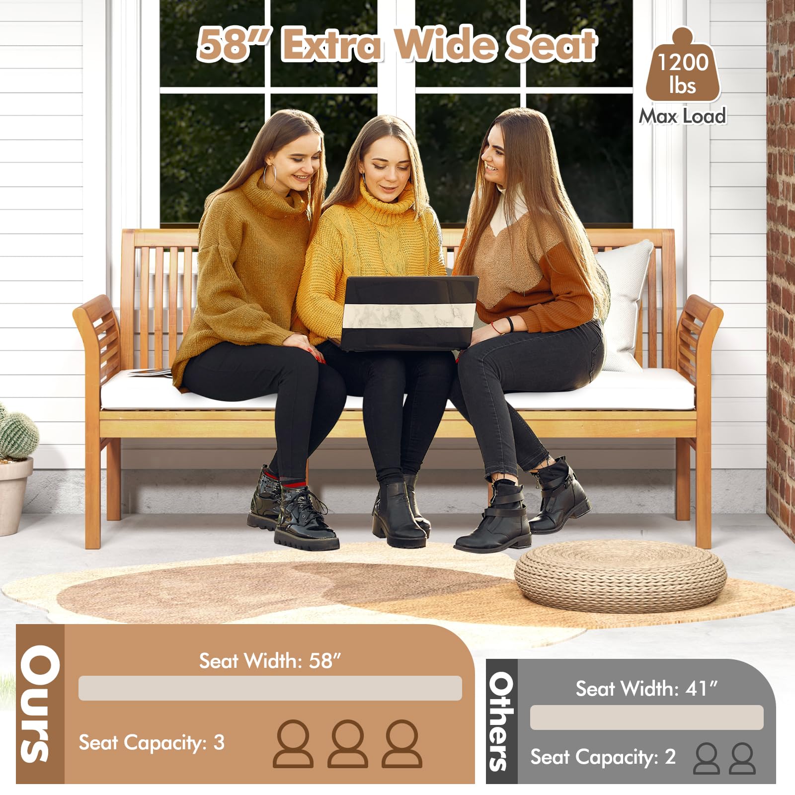 3-Seat Outdoor Wood Bench with Cushion