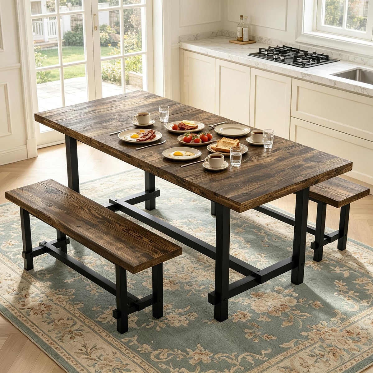 70.8" Dining Table Set with 2 Benches, Farmhouse Kitchen Table Set for 4-6