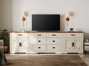WAMPAT 110" W Large TV Stand,3-in-1 Farmhouse Entertainment Center with Storage Barn Door Cabinet,TV Console Table with Media Cabinet and Drawers for Living Room,Bedroom,Cream White