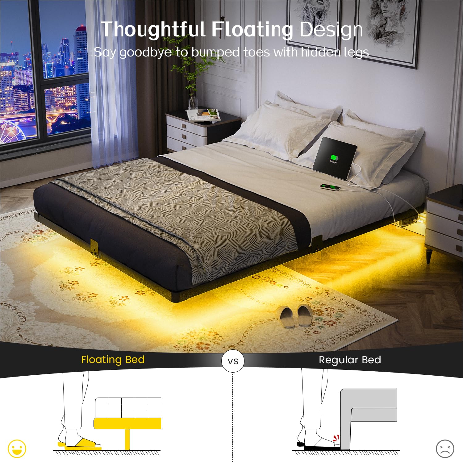 Floating Metal Platform Bed Frame with LED Lights & Charging Station