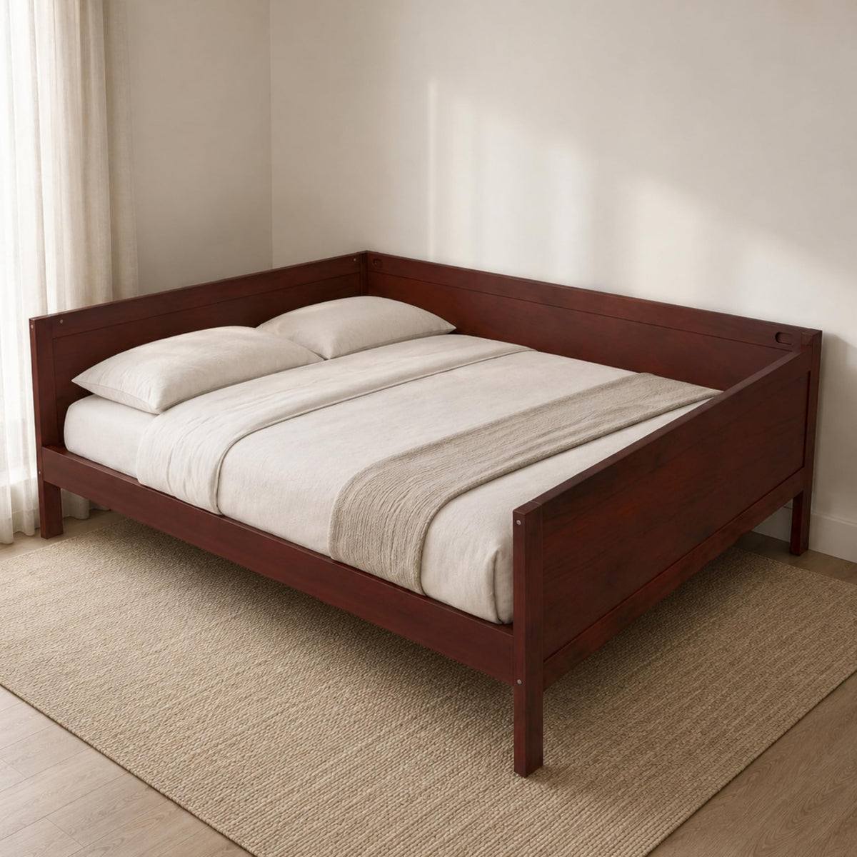 Corner Bed Frame Full Size with 3-Side Rails and Slat Support, Dark Walnut