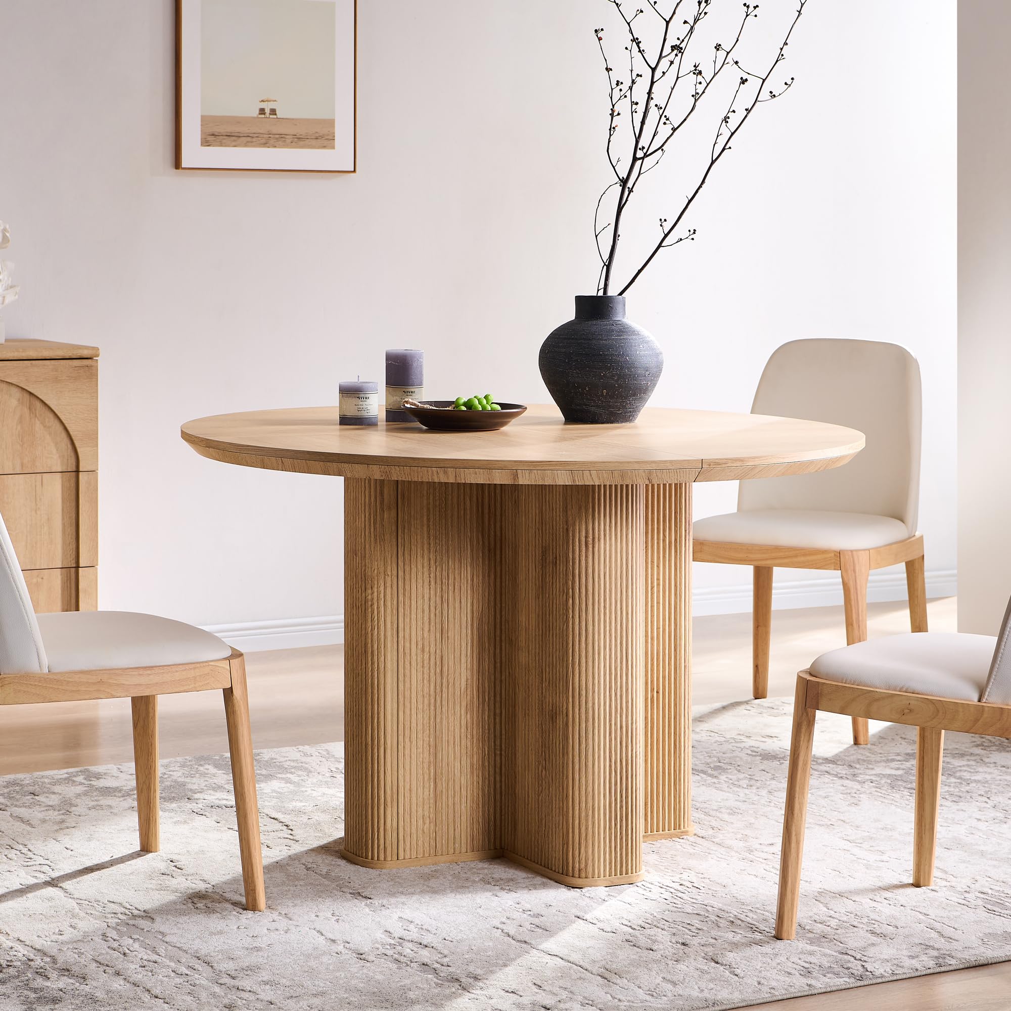 T4TREAM 47" Fluted Round Dining Table for Kitchen Living Room, Natural Oak