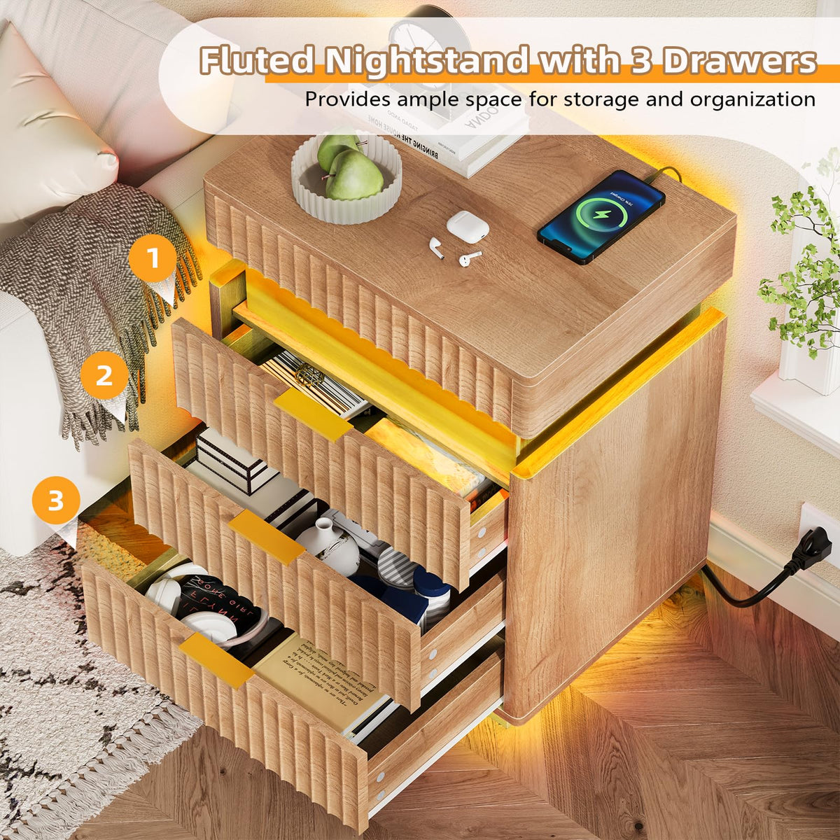 Fluted LED Nightstand with Charging Station