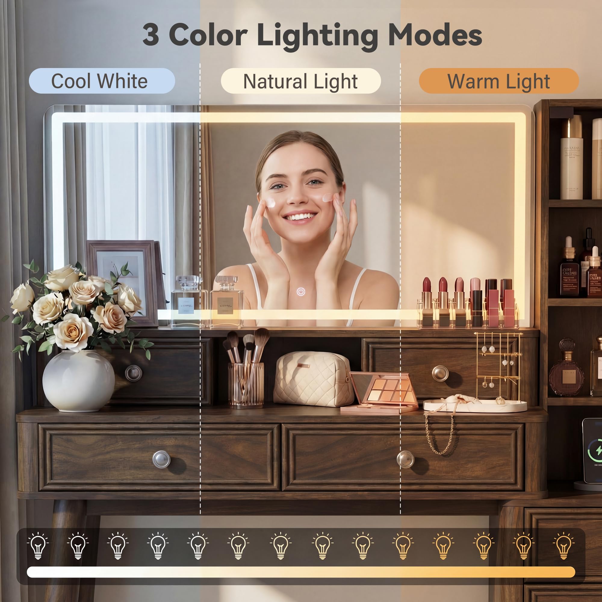 Furmax 48" Makeup Vanity Desk with Large Mirror and Lights,Big Wood Vanity Table with 5 Drawers＆Glass Storage Cabinet with Adjustable Shelves,Dressing Table with Charging Station for Bedroom (Walnut)