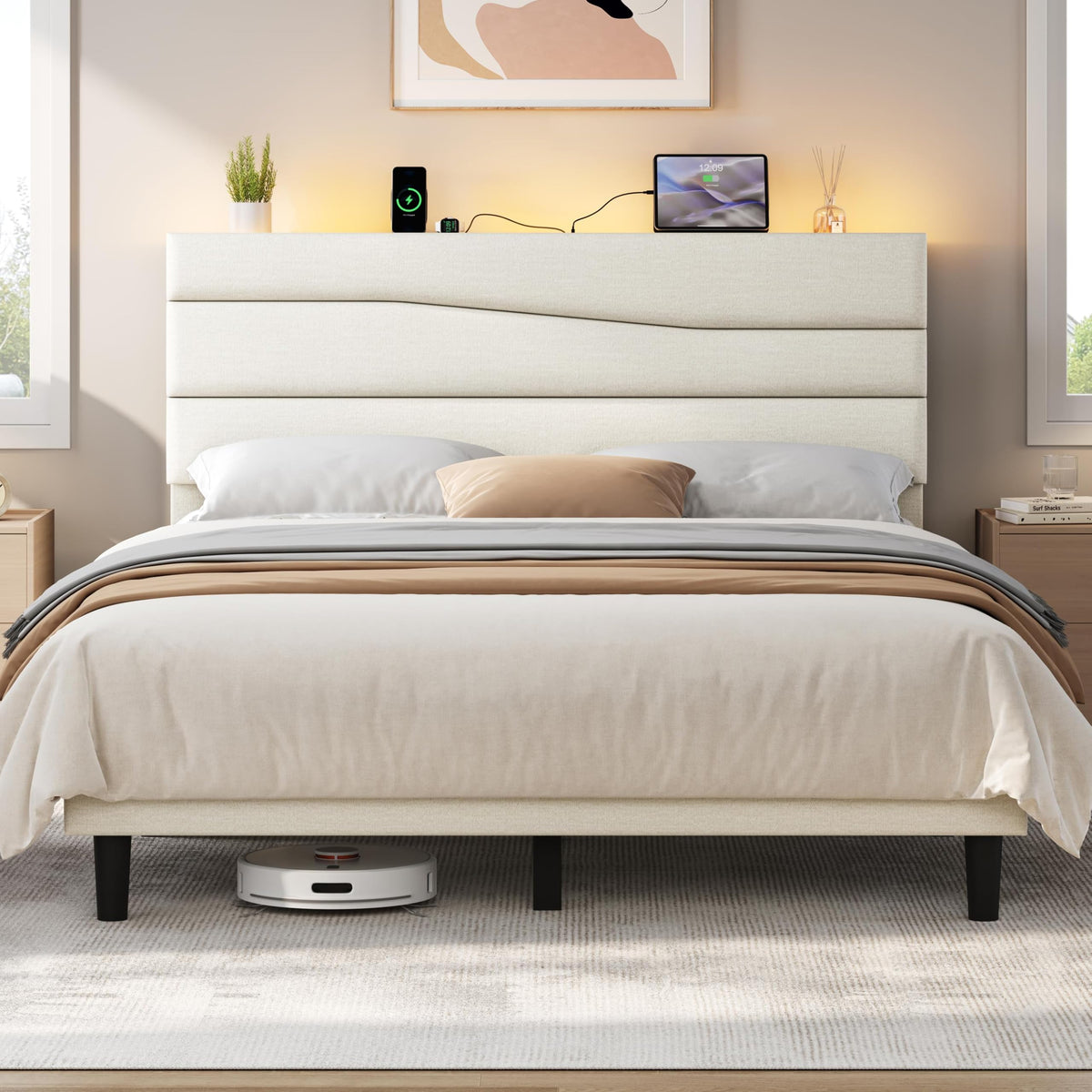 Yaheetech Full Upholstered Bed with LED Charging Station Shelf