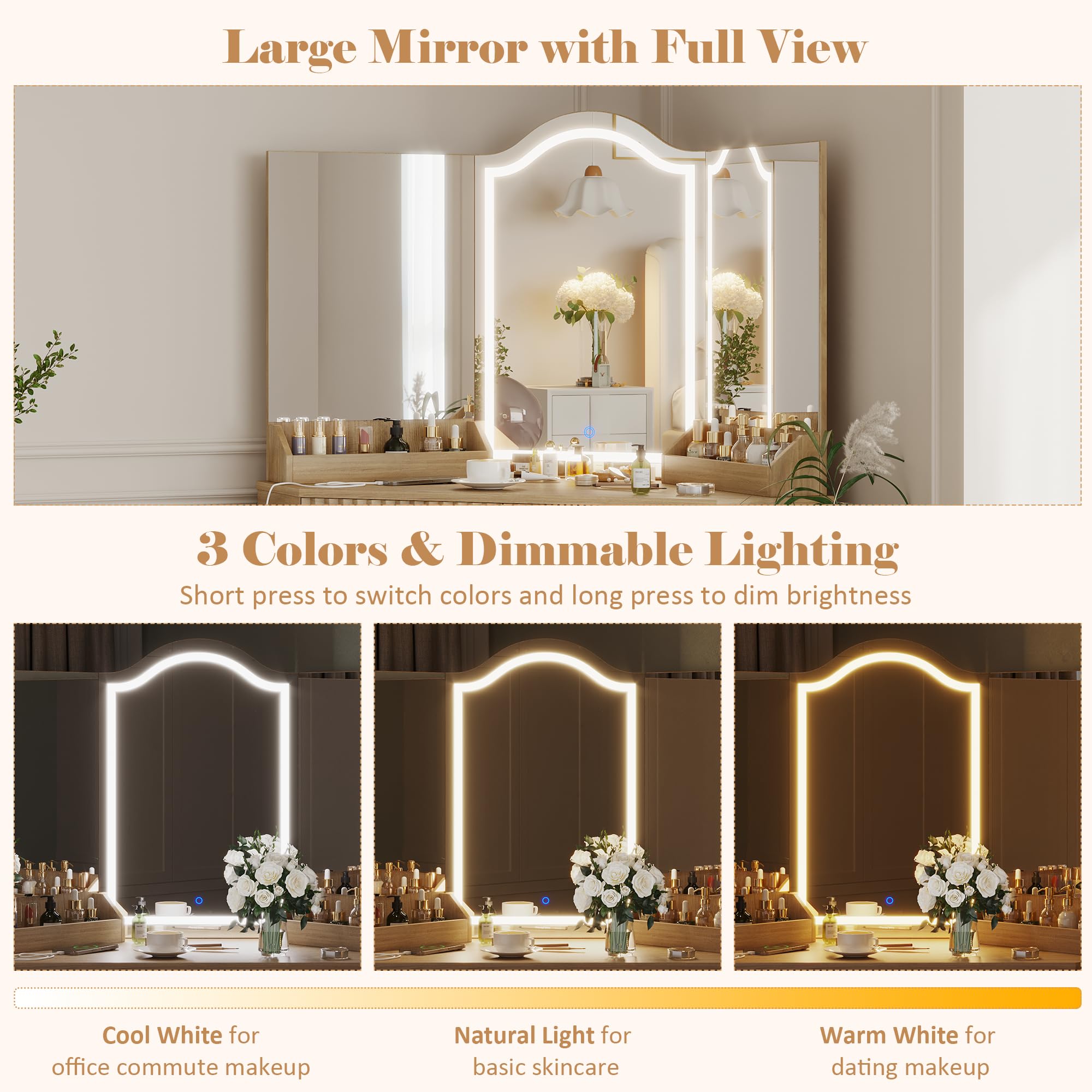 ZKIODV Corner Vanity Desk with 3 Way Mirror & LED Lights, Makeup Table Set with Charging Station, Storage Drawers & Side Cabinets, Modern Bedroom Dressing Table for Women & Girls Birthday Gift