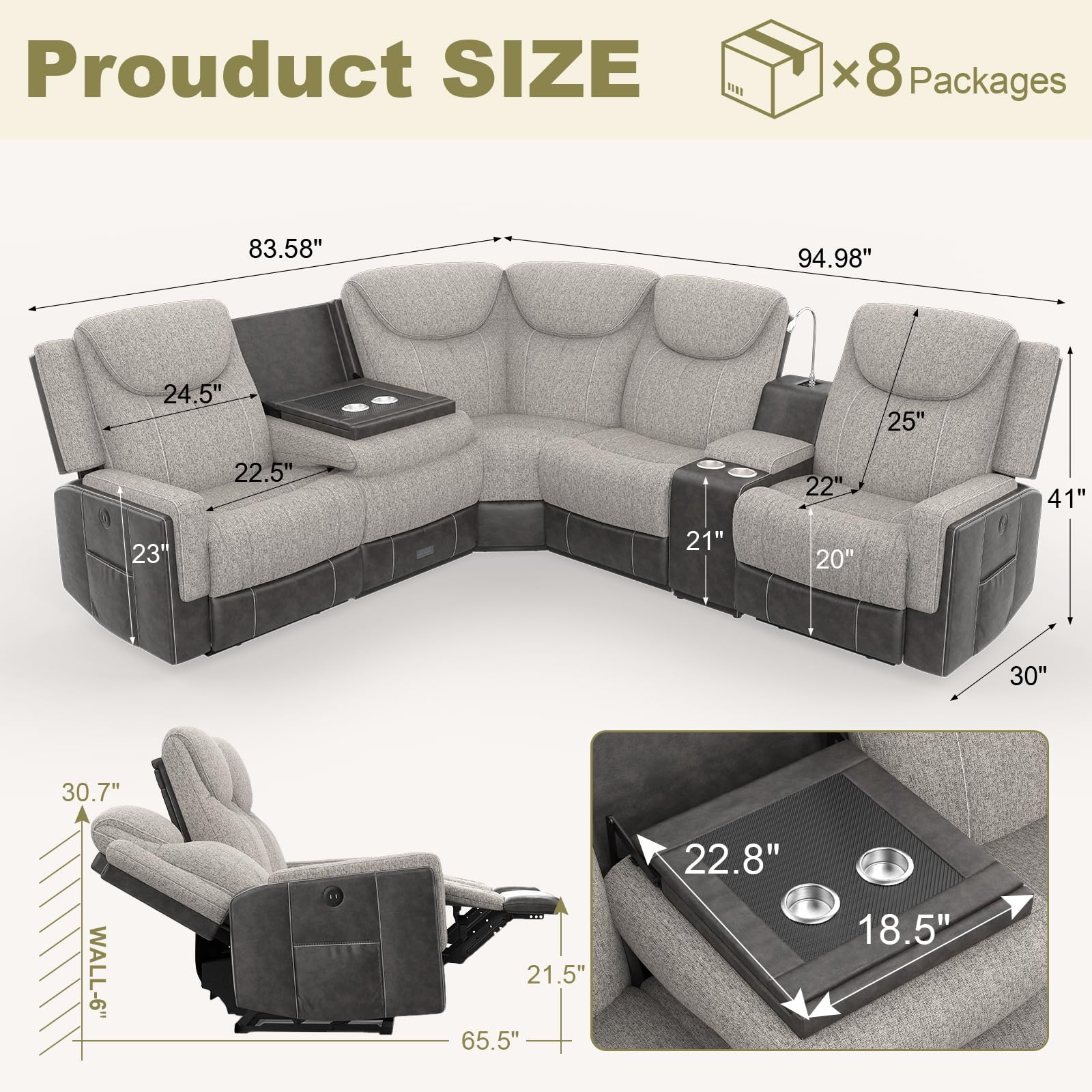 Dresegmt Home Theater Seating, Manual Recliner Sectional Sofa for Living Room, 5 Seater Reclining Sectional Couch with Flip-Up Backrest, Storage Console, USB Ports, Grey Linen & Chocolate Leather