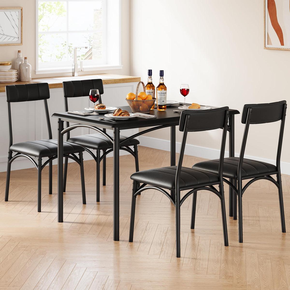 Takywep Farmhouse Dining Table Set for 4, Compact 5-Piece Wooden Kitchen Table with 4 Padded Chairs, Small Rectangular Table and Chairs Set of 4, Ideal for Apartments and Small Living Spaces, Black